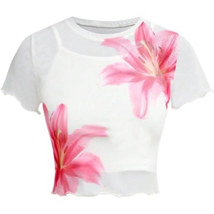 image:imageRoseSeek Girls 2 Piece Outfits Star Graphic Y2K Sheer Mesh Shirts and Spaghetti Strap Camisole TopsFloral White
