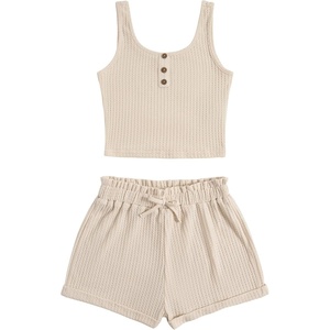 image:imageRoseSeek Girls 2 Piece Outfits Waffle Knit Scoop Neck Button Down Crop Tank Tops Paperbag Waist Track ShortsBeige