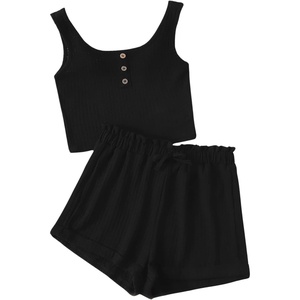 image:imageRoseSeek Girls 2 Piece Outfits Waffle Knit Scoop Neck Button Down Crop Tank Tops Paperbag Waist Track ShortsBlack