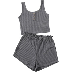image:imageRoseSeek Girls 2 Piece Outfits Waffle Knit Scoop Neck Button Down Crop Tank Tops Paperbag Waist Track ShortsDark Grey