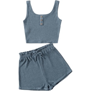 image:imageRoseSeek Girls 2 Piece Outfits Waffle Knit Scoop Neck Button Down Crop Tank Tops Paperbag Waist Track ShortsDusty Blue