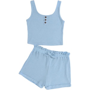 image:imageRoseSeek Girls 2 Piece Outfits Waffle Knit Scoop Neck Button Down Crop Tank Tops Paperbag Waist Track ShortsLight Blue