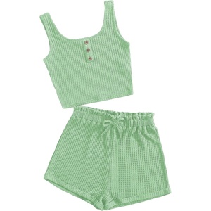 image:imageRoseSeek Girls 2 Piece Outfits Waffle Knit Scoop Neck Button Down Crop Tank Tops Paperbag Waist Track ShortsLight Green