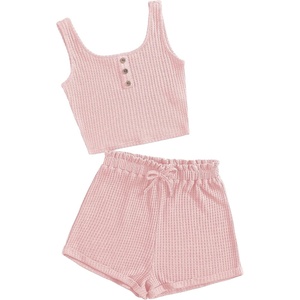 image:imageRoseSeek Girls 2 Piece Outfits Waffle Knit Scoop Neck Button Down Crop Tank Tops Paperbag Waist Track ShortsLight Pink