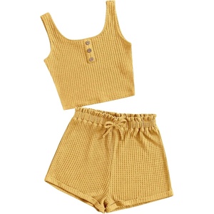image:imageRoseSeek Girls 2 Piece Outfits Waffle Knit Scoop Neck Button Down Crop Tank Tops Paperbag Waist Track ShortsPure Yellow