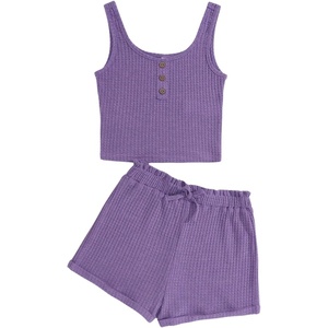image:imageRoseSeek Girls 2 Piece Outfits Waffle Knit Scoop Neck Button Down Crop Tank Tops Paperbag Waist Track ShortsPurple