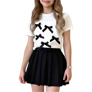 image:imageRoseSeek Girls 2 Piece Preppy Summer Outfits 3D Bowknot T Shirt and Mini Pleated Skirts Clothing SetBlack