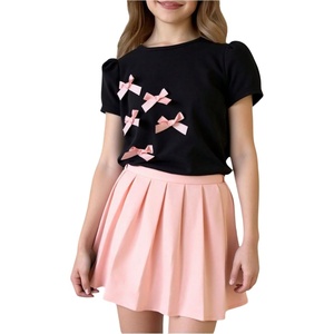 image:imageRoseSeek Girls 2 Piece Preppy Summer Outfits 3D Bowknot T Shirt and Mini Pleated Skirts Clothing SetDusty Pink
