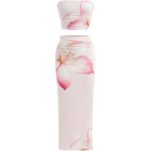 image:imageRoseSeek Girls 2 Piece Set Floral Crop Tube Tops and Bodycon Maxi Pencil Skirt Summer Vacation OutfitsPink