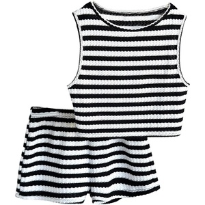 image:imageRoseSeek Girls 2 Piece Striped Summer Outfits Textured Knit Sleeveless Crop Tank Top and Shorts Matching SetBlack and White