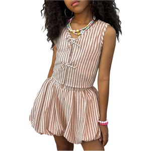 image:imageRoseSeek Girls 2 Piece Striped Vacation Outfits Bow Tie Front Tank Tops and Bubble Skirts Y2K ClothesKhaki