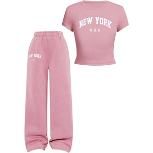 image:imageRoseSeek Girls 2 Piece Summer Outfits Letter Graphic Tees and Wide Leg Baggy Pants Set Casual Cute ClothesPink