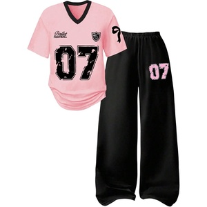 image:imageRoseSeek Girls 2 Piece Summer Outfits Number Graphic Short Sleeve Jersey Shirt and Cargo Pants Sets TrendyBlack and Pink