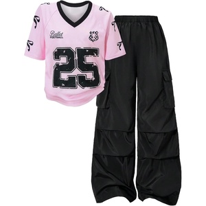 image:imageRoseSeek Girls 2 Piece Summer Outfits Number Print Y2k Football Jersey Shirts and Cargo Pants Baggy SetPink and Black