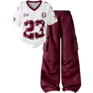 image:imageRoseSeek Girls 2 Piece Summer Outfits Number Print Y2k Football Jersey Shirts and Cargo Pants Baggy SetRed