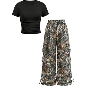 image:imageRoseSeek Girls 2 Piece Summer Outfits Short Sleeve Ruched Basic Tess and Camo Cargo Pants Sets TrendyBlack