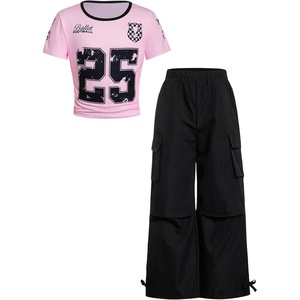 image:imageRoseSeek Girls 2 Piece Summer Outfits Short Sleeve Ruched Basic Tess and Camo Cargo Pants Sets TrendyBlack Number Pink