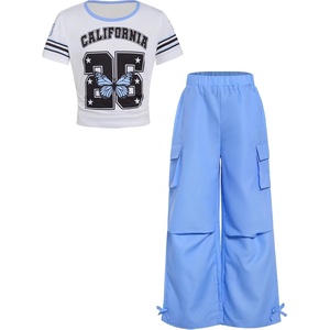 image:imageRoseSeek Girls 2 Piece Summer Outfits Short Sleeve Ruched Basic Tess and Camo Cargo Pants Sets TrendyBlue and White