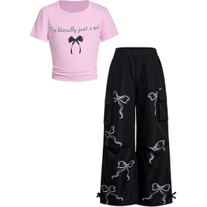 image:imageRoseSeek Girls 2 Piece Summer Outfits Short Sleeve Ruched Basic Tess and Camo Cargo Pants Sets TrendyBow Pink and Black
