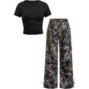 image:imageRoseSeek Girls 2 Piece Summer Outfits Short Sleeve Ruched Basic Tess and Camo Cargo Pants Sets TrendyCamo Black