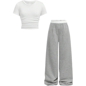 image:imageRoseSeek Girls 2 Piece Summer Outfits Short Sleeve Ruched Basic Tess and Camo Cargo Pants Sets TrendyGrey