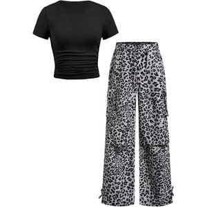 image:imageRoseSeek Girls 2 Piece Summer Outfits Short Sleeve Ruched Basic Tess and Camo Cargo Pants Sets TrendyMulticolor Cheetah