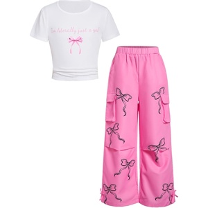image:imageRoseSeek Girls 2 Piece Summer Outfits Short Sleeve Ruched Basic Tess and Camo Cargo Pants Sets TrendyMulticolor Pink