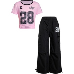 image:imageRoseSeek Girls 2 Piece Summer Outfits Short Sleeve Ruched Basic Tess and Camo Cargo Pants Sets TrendyNumber Pink and Black