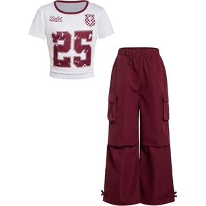 image:imageRoseSeek Girls 2 Piece Summer Outfits Short Sleeve Ruched Basic Tess and Camo Cargo Pants Sets TrendyNumber Red