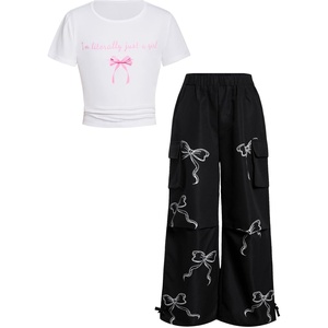 image:imageRoseSeek Girls 2 Piece Summer Outfits Short Sleeve Ruched Basic Tess and Camo Cargo Pants Sets TrendyPink Bow White