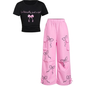 image:imageRoseSeek Girls 2 Piece Summer Outfits Short Sleeve Ruched Basic Tess and Camo Cargo Pants Sets TrendyPink and Black