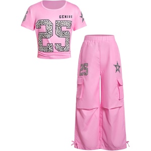 image:imageRoseSeek Girls 2 Piece Summer Outfits Short Sleeve Ruched Basic Tess and Camo Cargo Pants Sets TrendyPure Pink