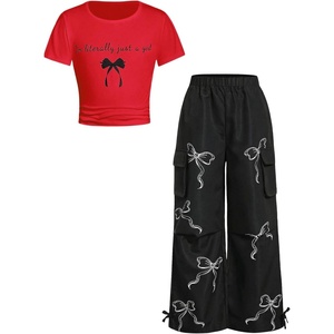 image:imageRoseSeek Girls 2 Piece Summer Outfits Short Sleeve Ruched Basic Tess and Camo Cargo Pants Sets TrendyRed Black
