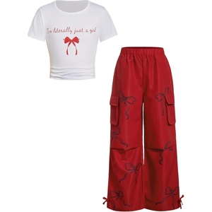 image:imageRoseSeek Girls 2 Piece Summer Outfits Short Sleeve Ruched Basic Tess and Camo Cargo Pants Sets TrendyRed and Black