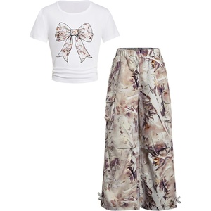 image:imageRoseSeek Girls 2 Piece Summer Outfits Short Sleeve Ruched Basic Tess and Camo Cargo Pants Sets TrendyWhite Camouflage
