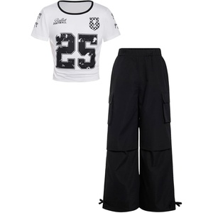 image:imageRoseSeek Girls 2 Piece Summer Outfits Short Sleeve Ruched Basic Tess and Camo Cargo Pants Sets TrendyWhite and Black