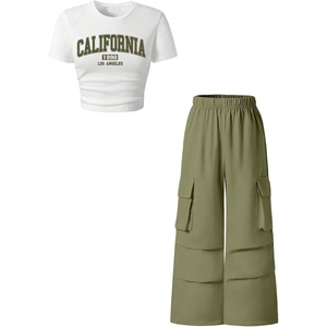 image:imageRoseSeek Girls 2 Piece Y2K Outfits Short Sleeve Letter Graphic Tees and Cargo Pants Preppy ClothesWhite and Green
