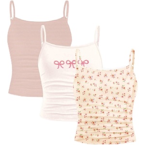 image:imageRoseSeek Girls 3 Packs Cheetah Leopard Floral Tank Top Spaghetti Strap Fitted Summer Cute Camisole TopsFloral Bowknot Pink