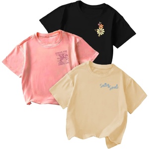 image:imageRoseSeek Girls 3 Packs Graphic Print T Shirts Set Crew Neck Short Sleeve T Shirt Oversized Summer TopsBeige Pink Black