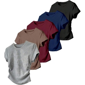 image:imageRoseSeek Girls 5 Packs T Shirts Short Sleeve Ruched Tee Tops Summer Fitted Crewneck Basic TopGrey Brown Red Blue Black