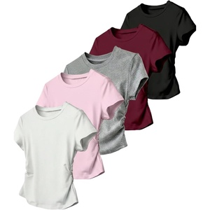 image:imageRoseSeek Girls 5 Packs T Shirts Short Sleeve Ruched Tee Tops Summer Fitted Crewneck Basic TopWhite Brown Grey Red Black