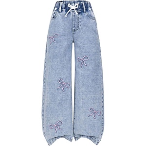 image:imageRoseSeek Girls Baggy Wide Leg Jeans High Elastic Waisted Denim Pants Casual Jeans with Bow Y2K StreetwearLightly Wash