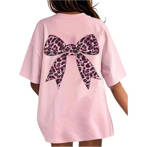 image:imageRoseSeek Girls Bow Leopard Graphic Tees Short Sleeve Preppy Summer T Shirt Aesthetic Baggy TopsBow Pink