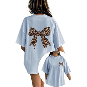 image:imageRoseSeek Girls Bow Leopard Graphic Tees Short Sleeve Preppy Summer T Shirt Aesthetic Baggy TopsBowknot Blue