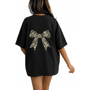 image:imageRoseSeek Girls Bow Leopard Graphic Tees Short Sleeve Preppy Summer T Shirt Aesthetic Baggy TopsCamouflage Black