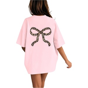 image:imageRoseSeek Girls Bow Leopard Graphic Tees Short Sleeve Preppy Summer T Shirt Aesthetic Baggy TopsCheetah Bow Pink