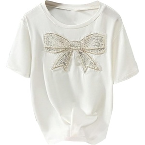 image:imageRoseSeek Girls Bowknot Pearl Sequin Tops Crew Neck Short Sleeve Casual Tops Summer Cute Clothes TrendyWhite