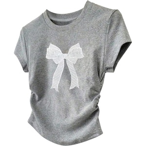 image:imageRoseSeek Girls Cute Sequin Bow Tops Ruched Short Sleeve Crew Neck Slim Fit T ShirtsBow Grey