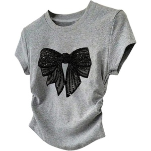 image:imageRoseSeek Girls Cute Sequin Bow Tops Ruched Short Sleeve Crew Neck Slim Fit T ShirtsGrey