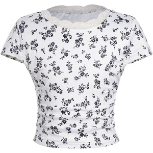 image:imageRoseSeek Girls Ditsy Floral Print Lace T Shirt Short Sleeve Ribbed Ruched Cute Tee Shirts Summer TopsBlack and White